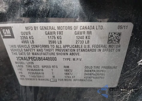 2011 Chevrolet Equinox 2Lt из США, поврежденный, VIN 2CNALPEC6B6448000